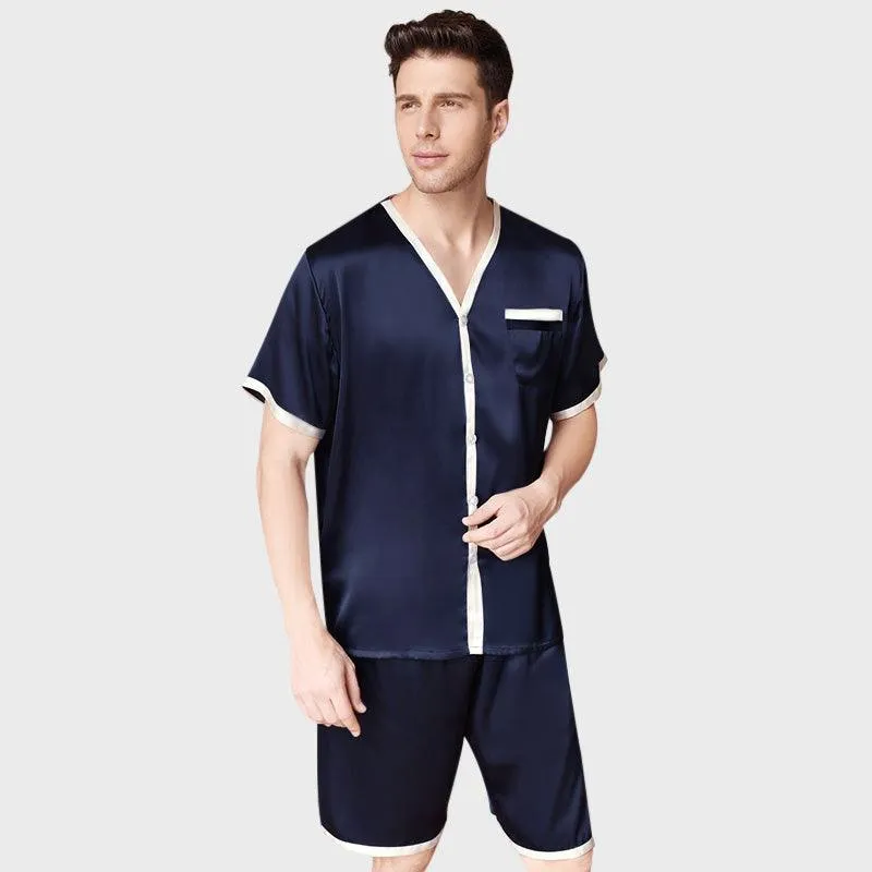 100% Silk Short Sleeve Luxury Short Silk Pajama Set for Men