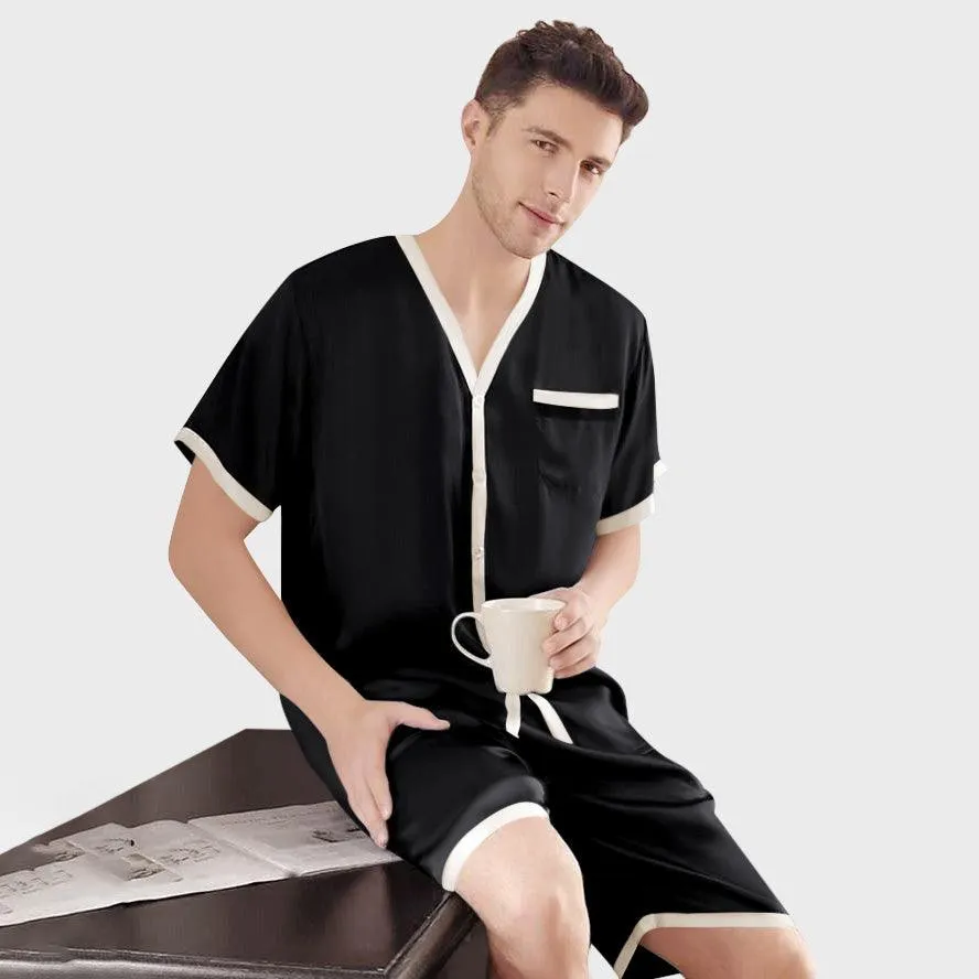 100% Silk Short Sleeve Luxury Short Silk Pajama Set for Men