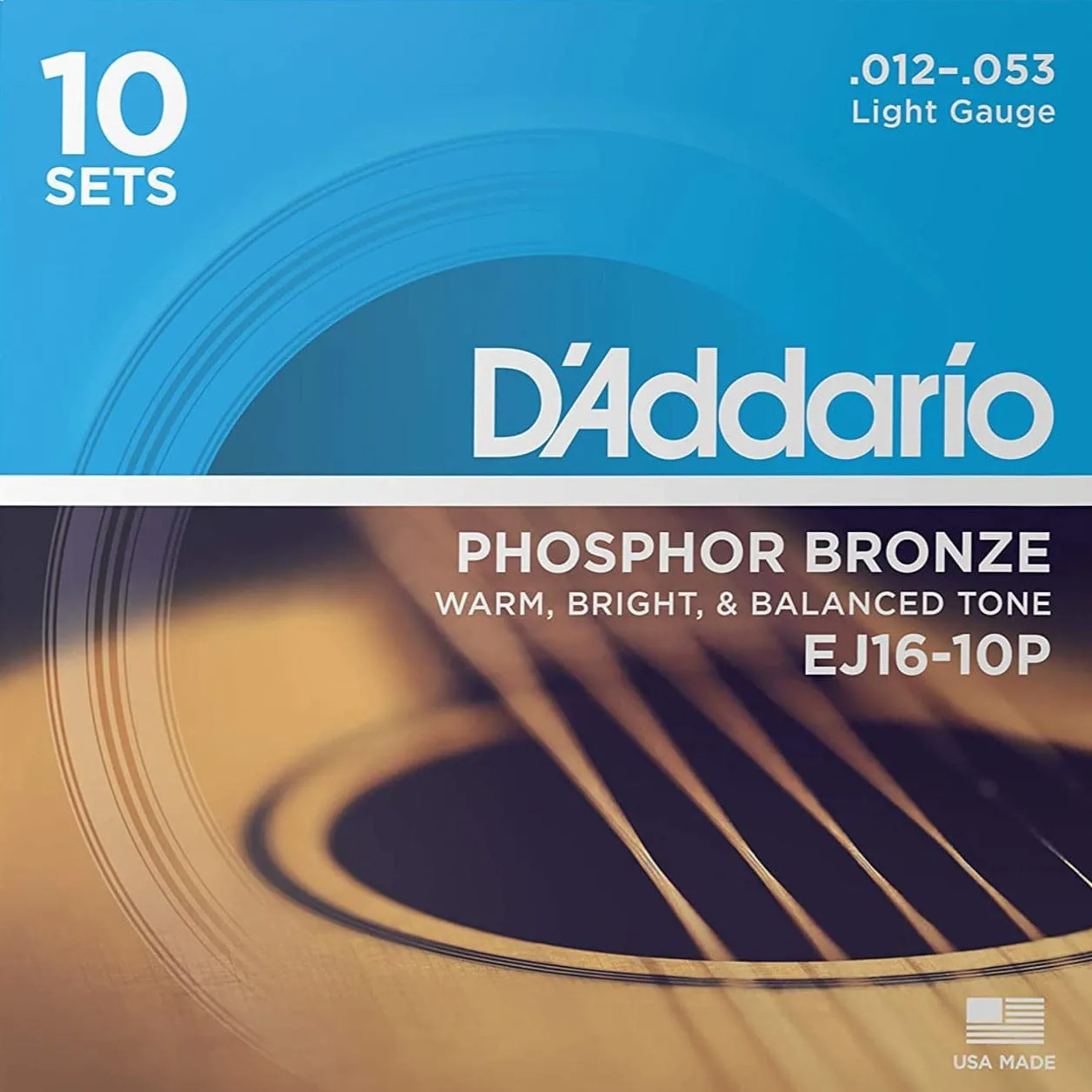 D'Addario EJ16-10P Phosphor Bronze Acoustic Guitar Strings Light 12-53 10 Pack