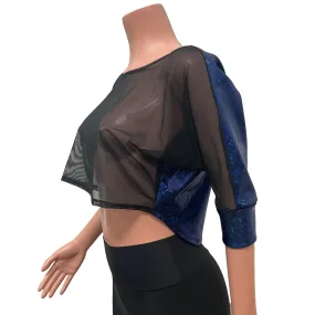 Dolman Crop Top Loose Tee in Black Mesh and Blue Holographic Shattered Glass