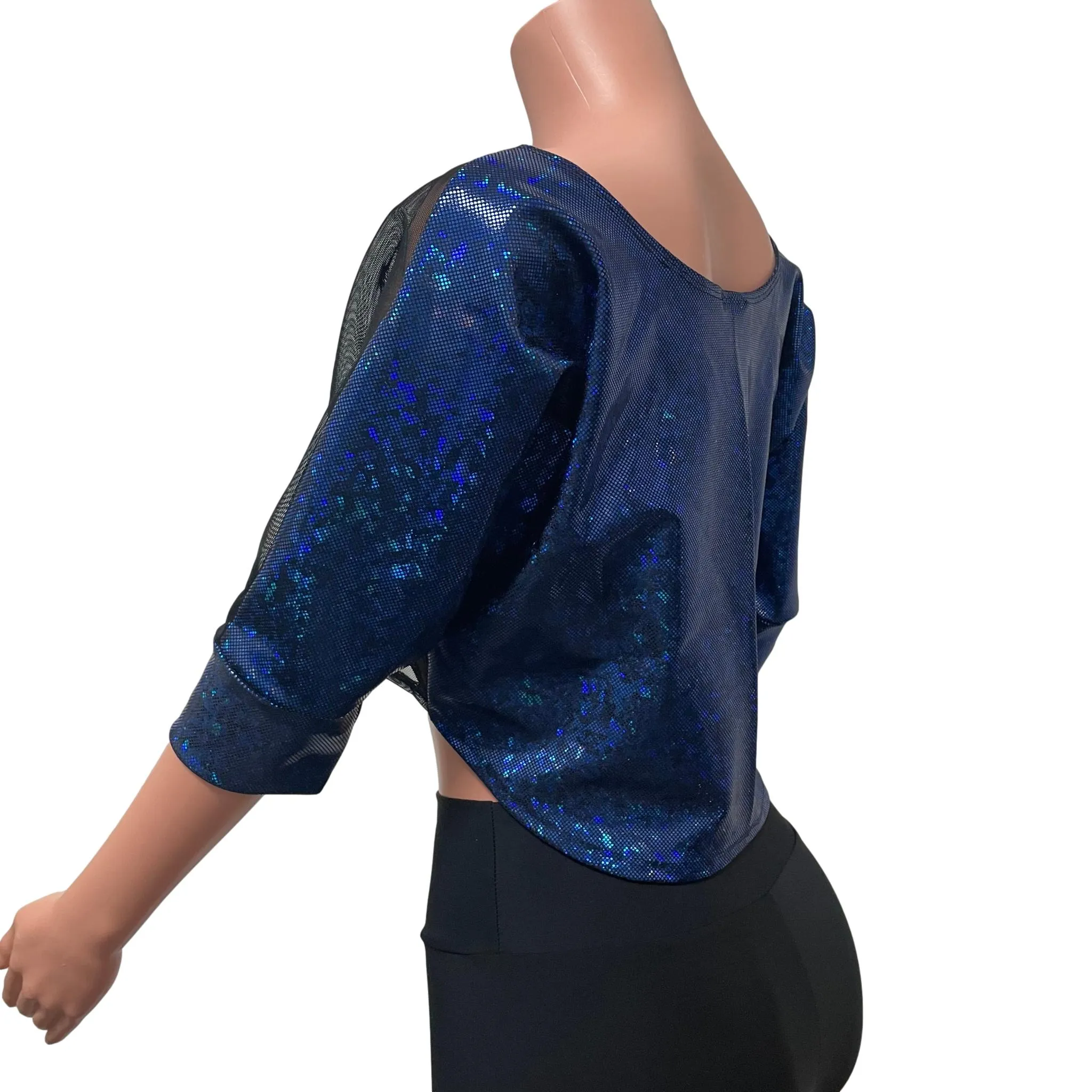 Dolman Crop Top Loose Tee in Black Mesh and Blue Holographic Shattered Glass