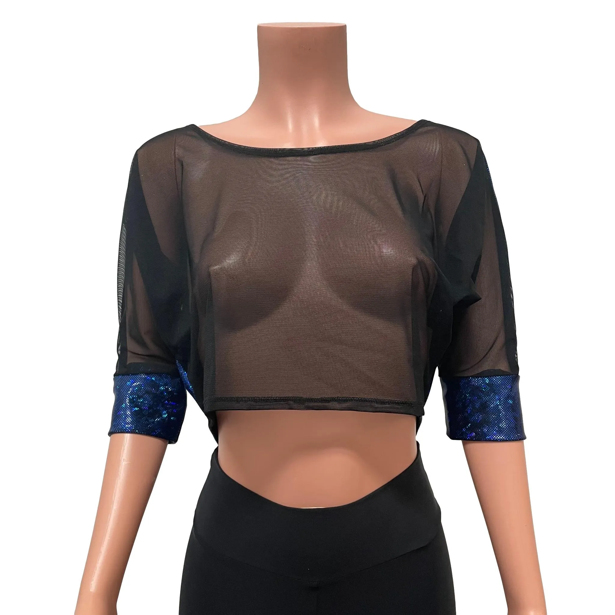 Dolman Crop Top Loose Tee in Black Mesh and Blue Holographic Shattered Glass