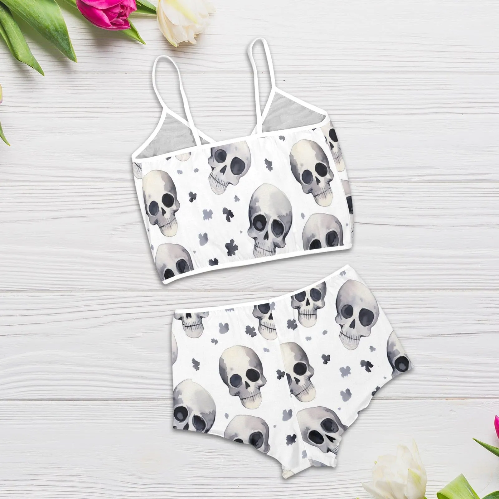 Greyscale Skulls Two Piece Cami Top & Shorts Pajama Set