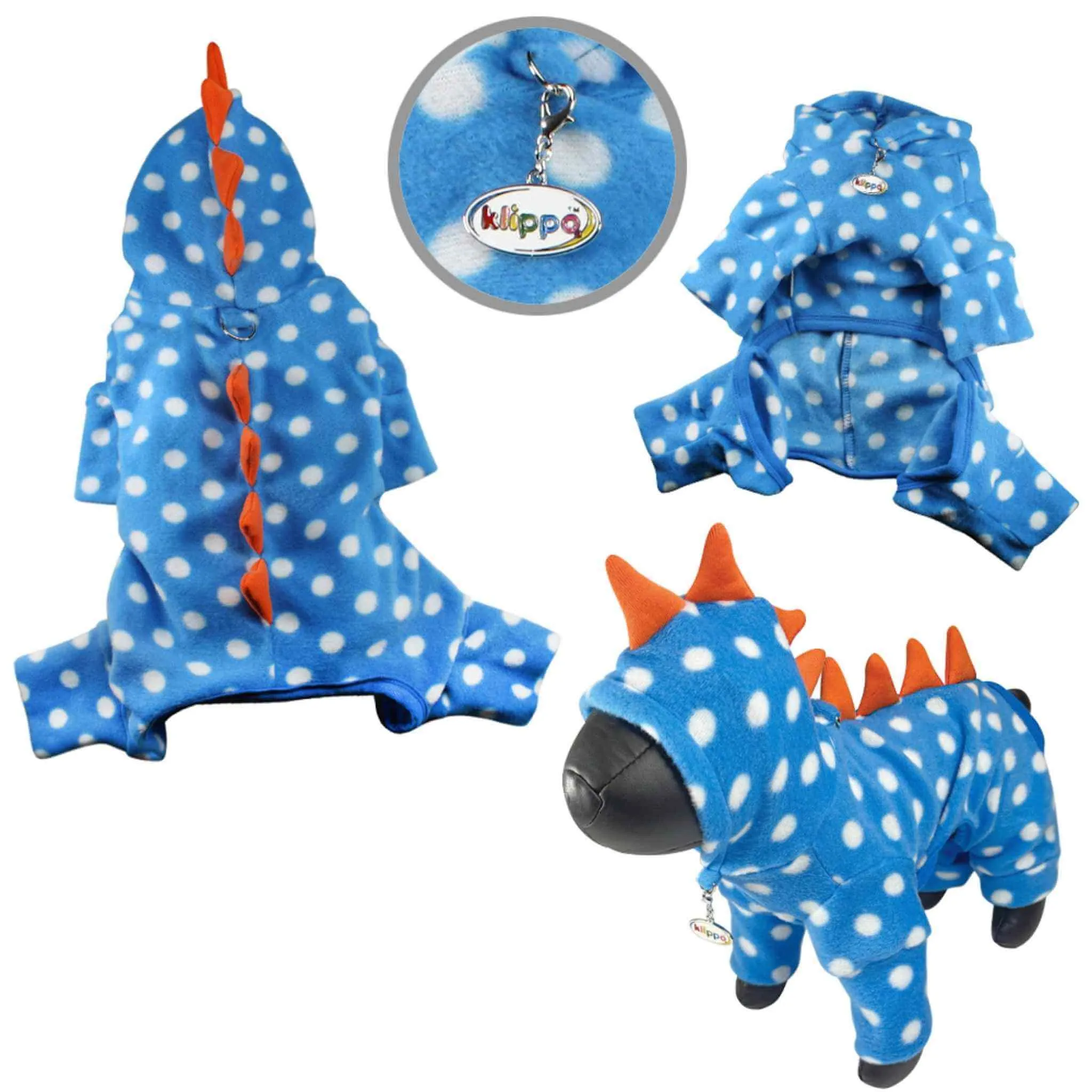 Klippo Polka Dots Dino Fleece Hooded Dog Pajamas