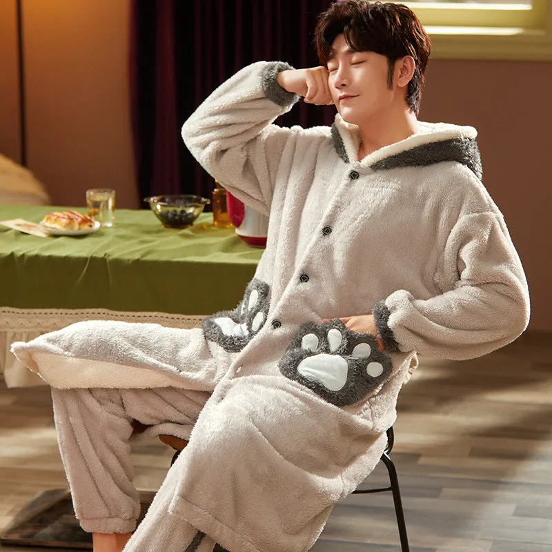 Men's Fleece Thickened Long Coral Fleece Pajamas Set