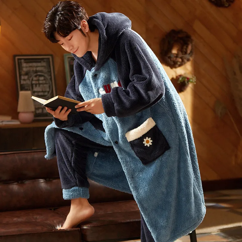 Men's Fleece Thickened Long Coral Fleece Pajamas Set