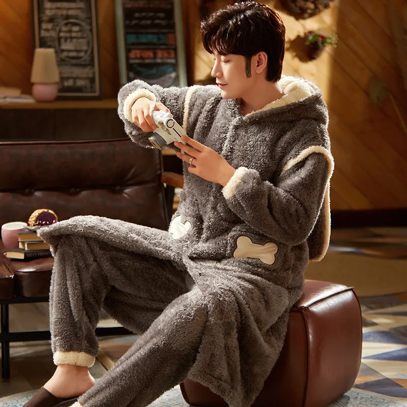 Men's Fleece Thickened Long Coral Fleece Pajamas Set