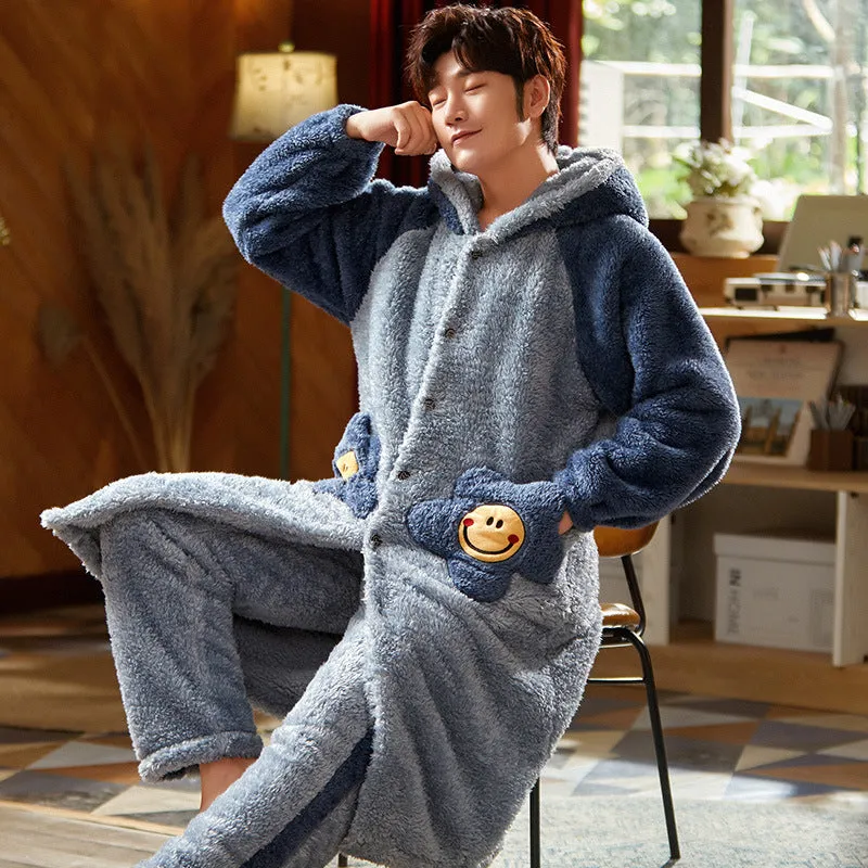 Men's Fleece Thickened Long Coral Fleece Pajamas Set