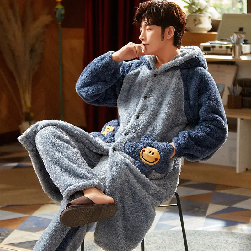 Men's Fleece Thickened Long Coral Fleece Pajamas Set