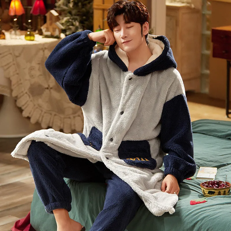 Men's Fleece Thickened Long Coral Fleece Pajamas Set