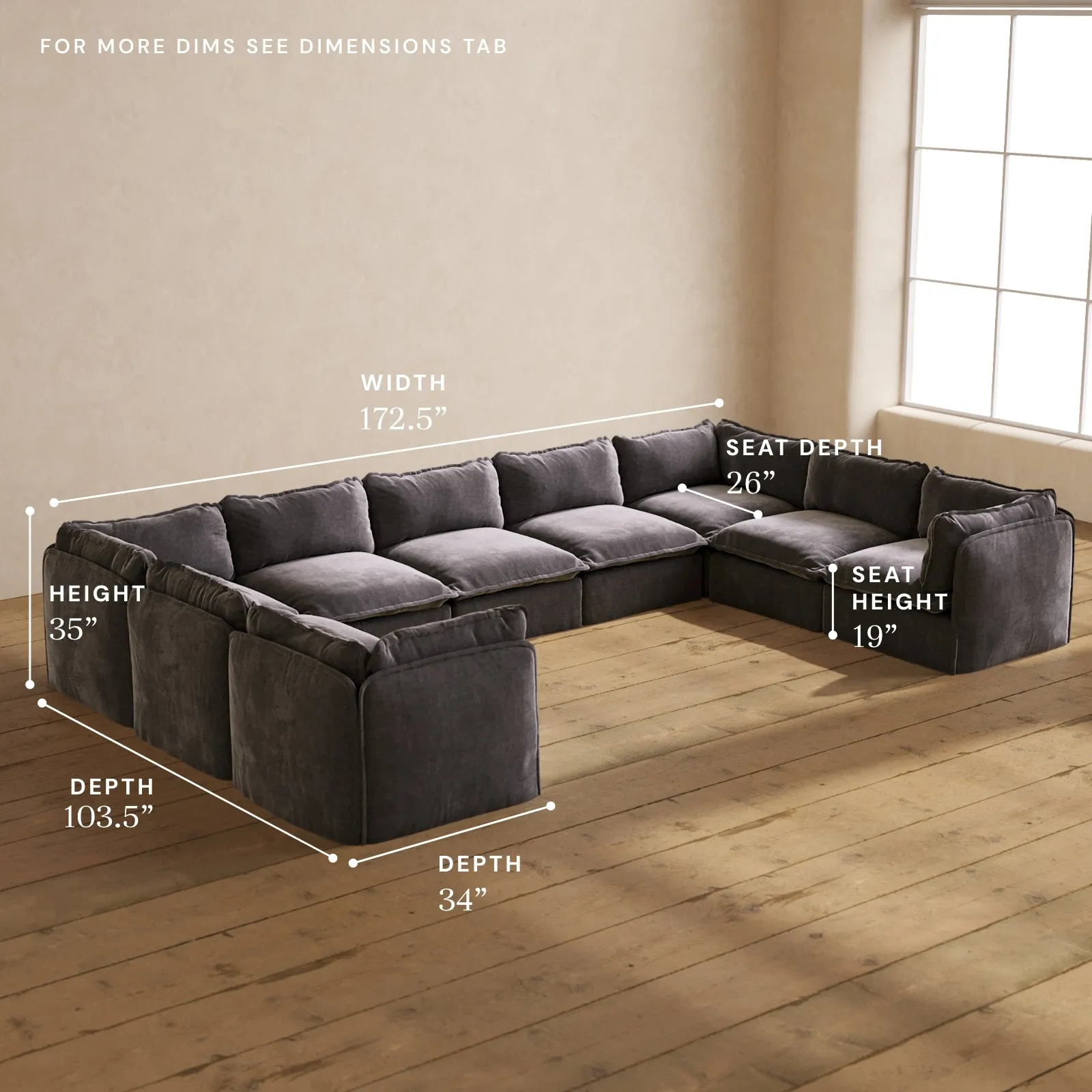 Modular Performance 9-Seater U-Sectional in Cinder | Relaxed Blend