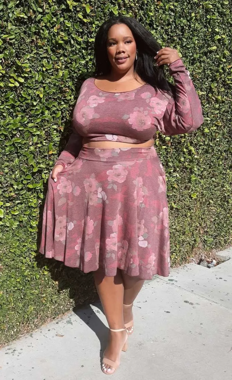 Plus Size Floral Print Long Sleeves Top and Skirt sets With Pockets