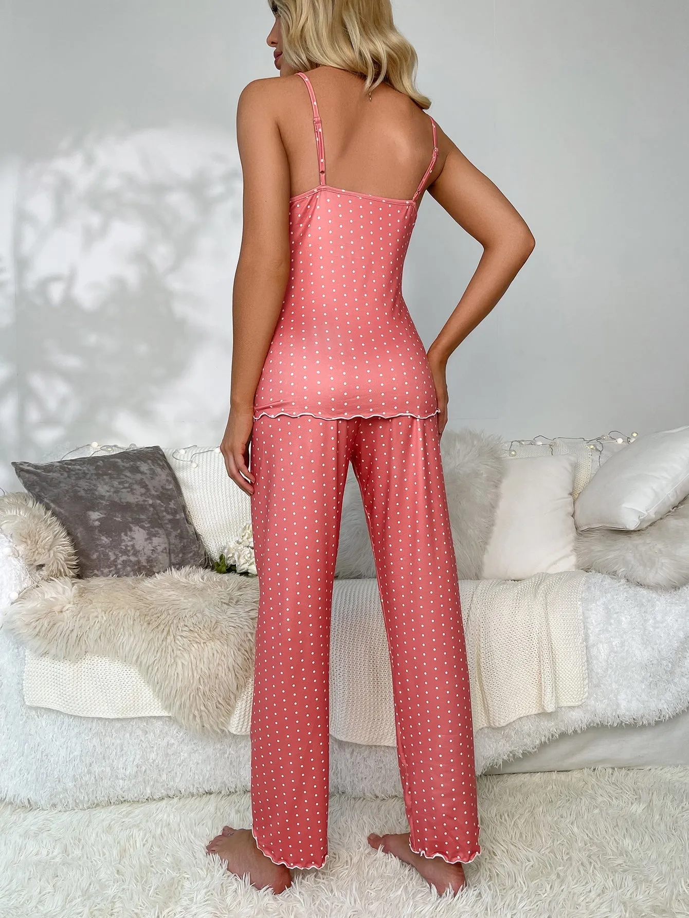 Polka Dot Pattern Lace Trim Bow Front Pajama Set