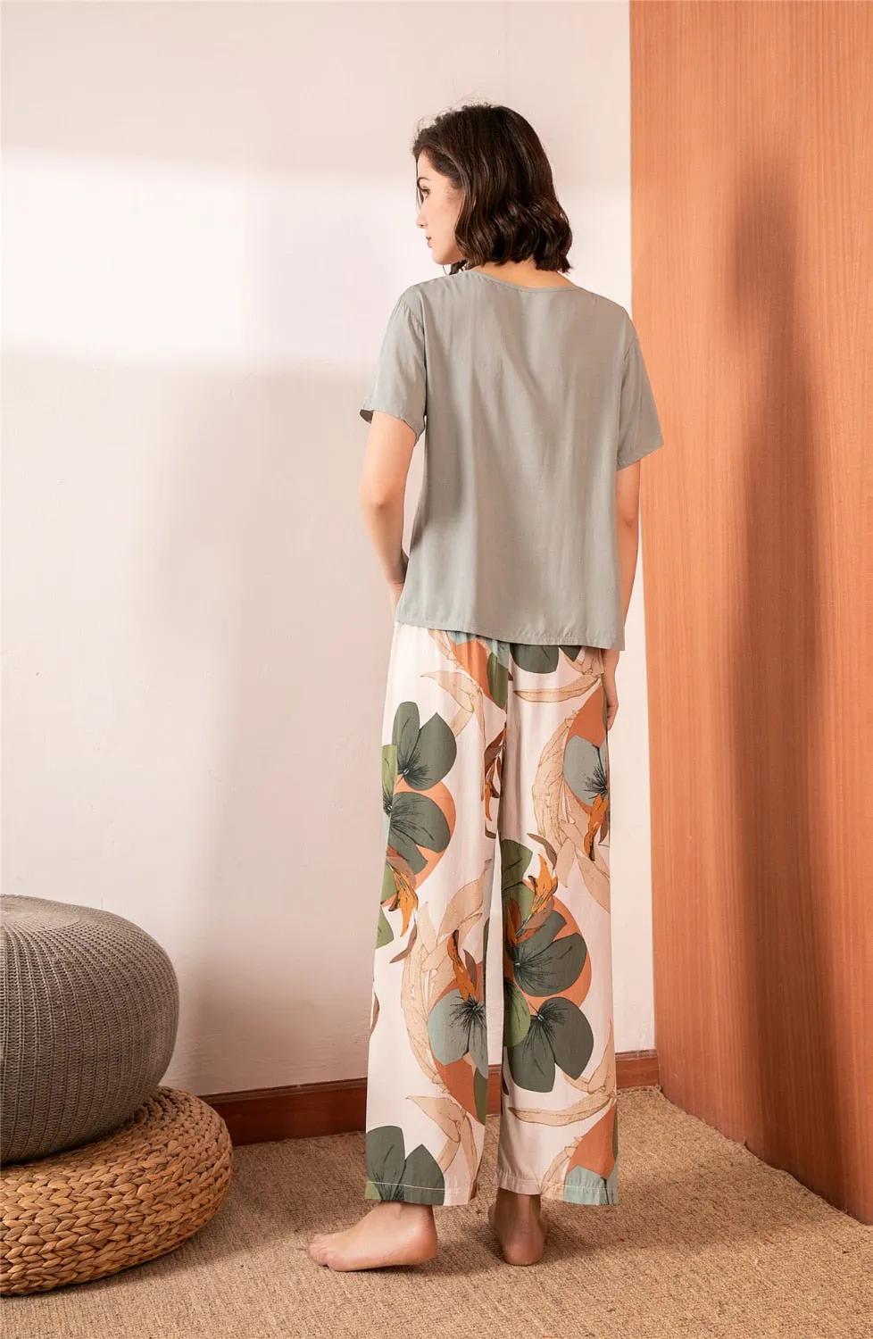 VenusFox Breathable 2PCS Pajama Short Sleeve Printed Loose Nightwear Suit Female Casual Homewear Pajama Set For Women