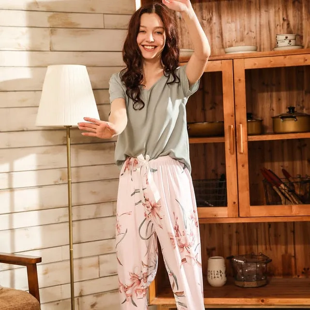 VenusFox Breathable 2PCS Pajama Short Sleeve Printed Loose Nightwear Suit Female Casual Homewear Pajama Set For Women