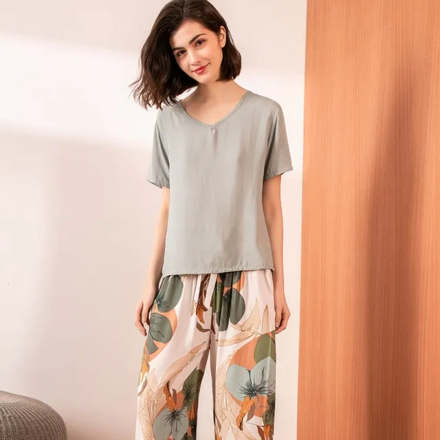 VenusFox Breathable 2PCS Pajama Short Sleeve Printed Loose Nightwear Suit Female Casual Homewear Pajama Set For Women