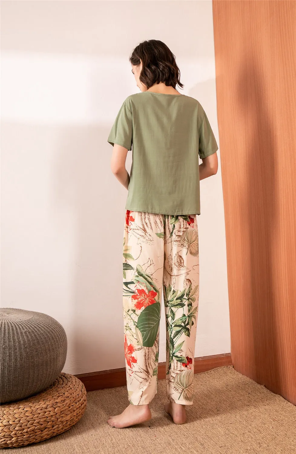 VenusFox Breathable 2PCS Pajama Short Sleeve Printed Loose Nightwear Suit Female Casual Homewear Pajama Set For Women