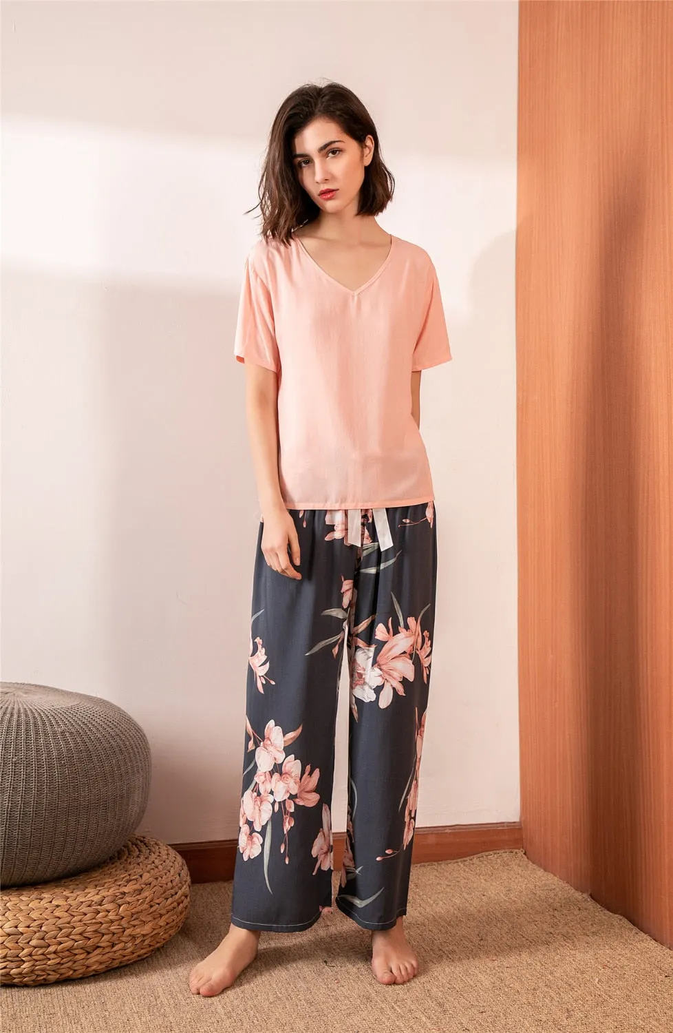 VenusFox Breathable 2PCS Pajama Short Sleeve Printed Loose Nightwear Suit Female Casual Homewear Pajama Set For Women