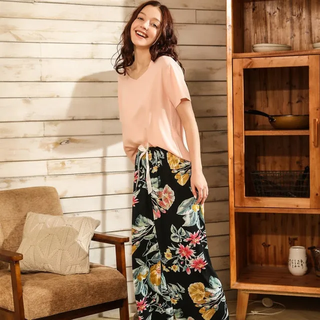 VenusFox Breathable 2PCS Pajama Short Sleeve Printed Loose Nightwear Suit Female Casual Homewear Pajama Set For Women