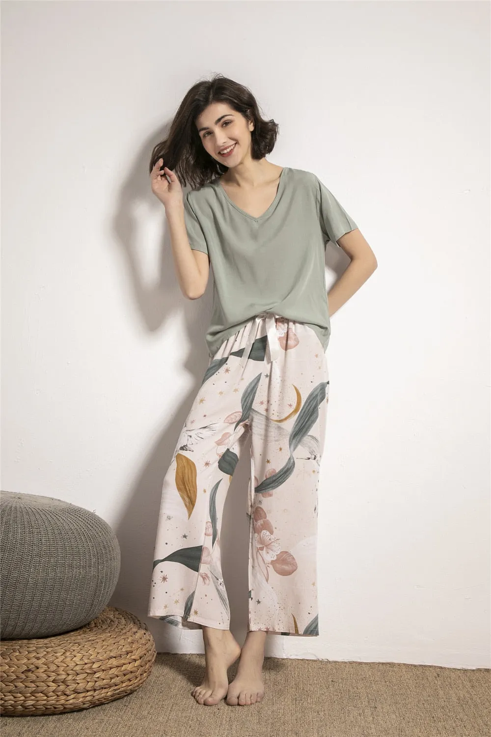 VenusFox Breathable 2PCS Pajama Short Sleeve Printed Loose Nightwear Suit Female Casual Homewear Pajama Set For Women