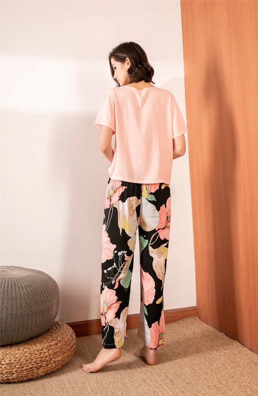 VenusFox Breathable 2PCS Pajama Short Sleeve Printed Loose Nightwear Suit Female Casual Homewear Pajama Set For Women