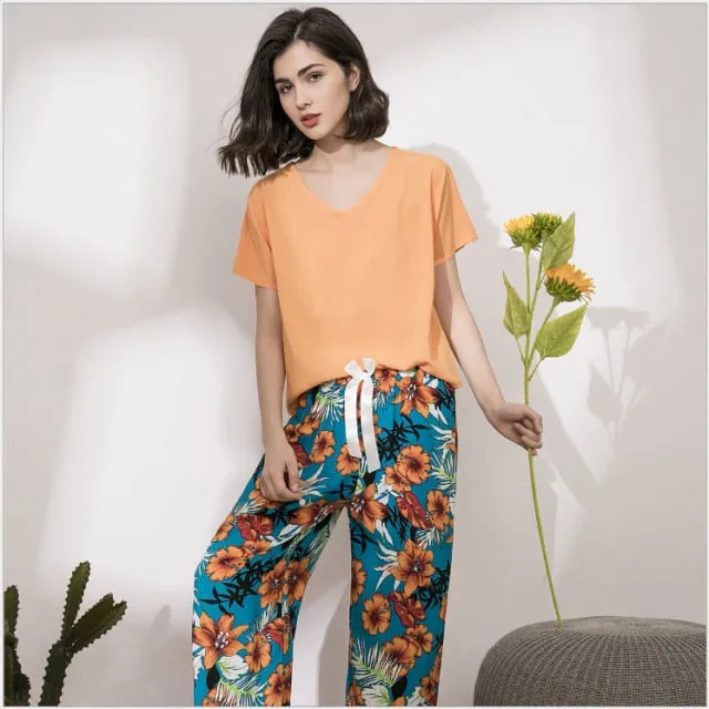 VenusFox Breathable 2PCS Pajama Short Sleeve Printed Loose Nightwear Suit Female Casual Homewear Pajama Set For Women