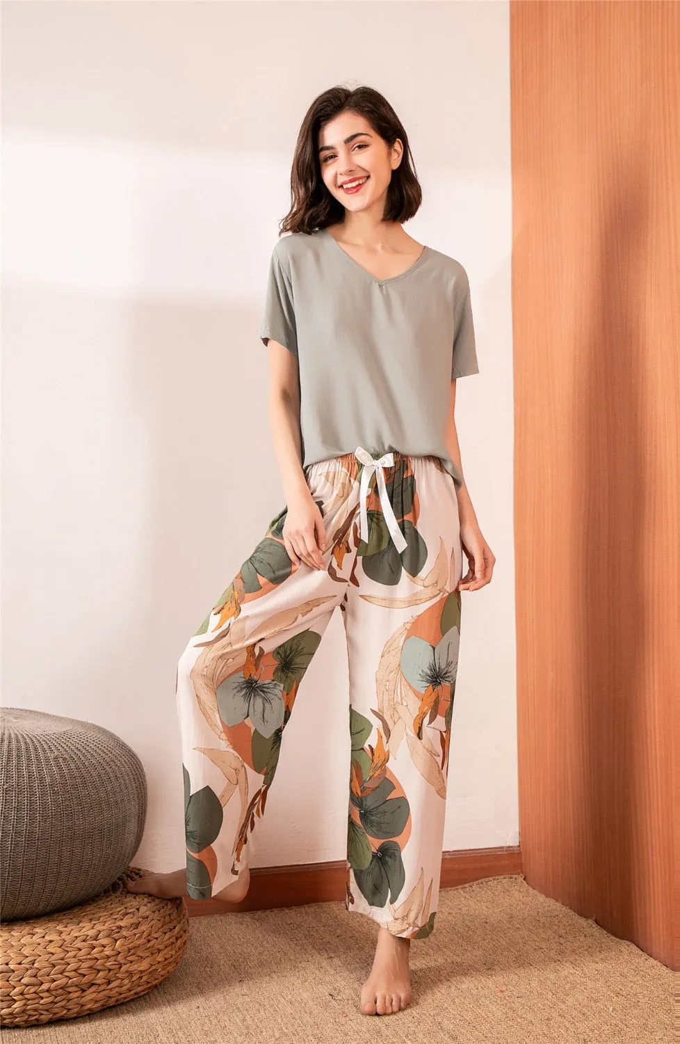 VenusFox Breathable 2PCS Pajama Short Sleeve Printed Loose Nightwear Suit Female Casual Homewear Pajama Set For Women