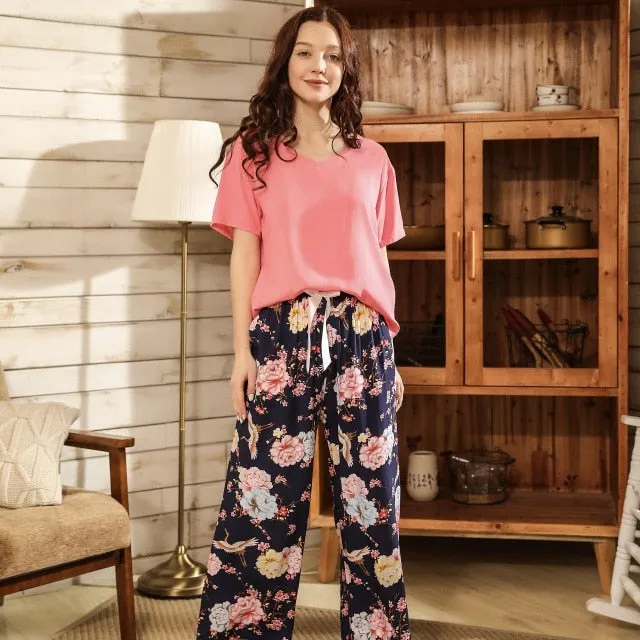 VenusFox Breathable 2PCS Pajama Short Sleeve Printed Loose Nightwear Suit Female Casual Homewear Pajama Set For Women