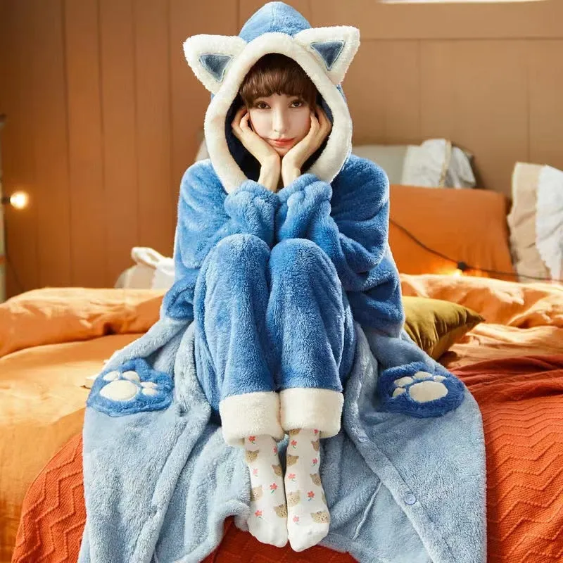 Warm and Cozy Hooded Women's Pajama Set for Autumn and Winter