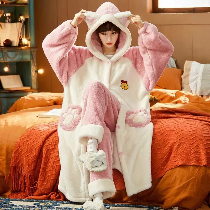 Warm and Cozy Hooded Women's Pajama Set for Autumn and Winter