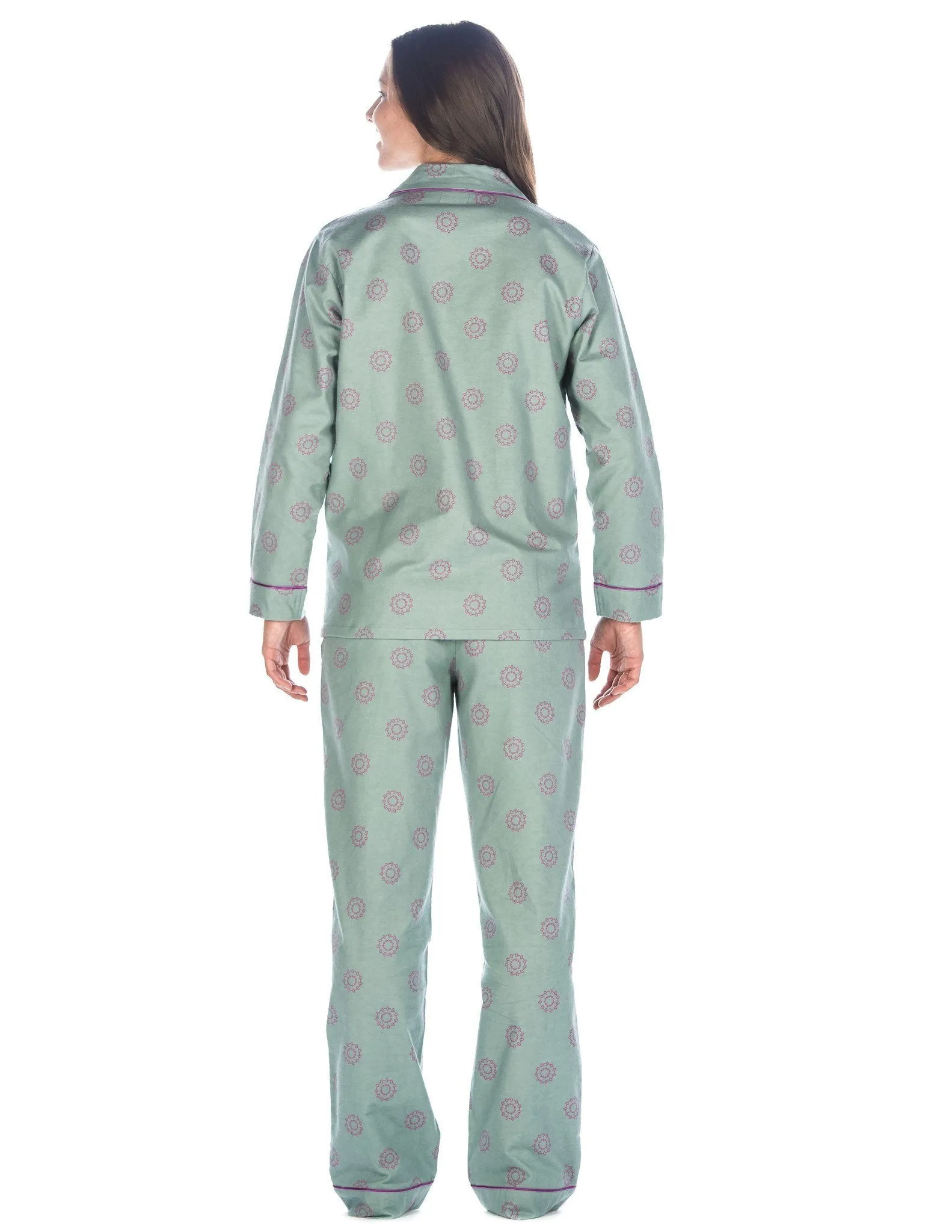 Women's Premium 100% Cotton Flannel Pajama Sleepwear Set (Relaxed Fit) - Ginko Circles - Green