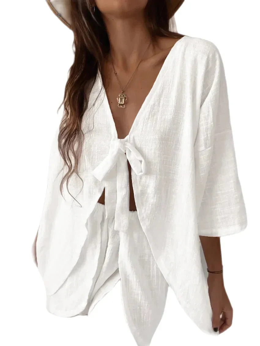 Women's Tie-Front Blouse & Shorts Set in Relaxed Cotton