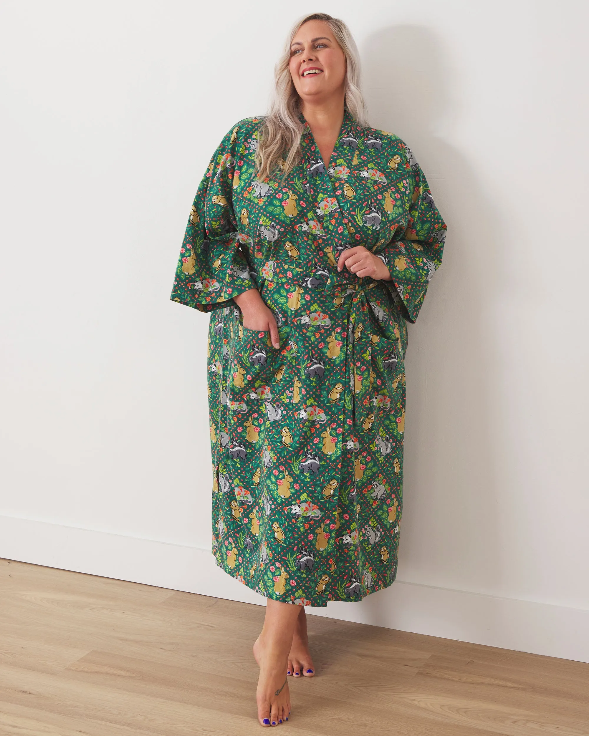 Woodland Critters - Lightweight Flannel Robe - Fern