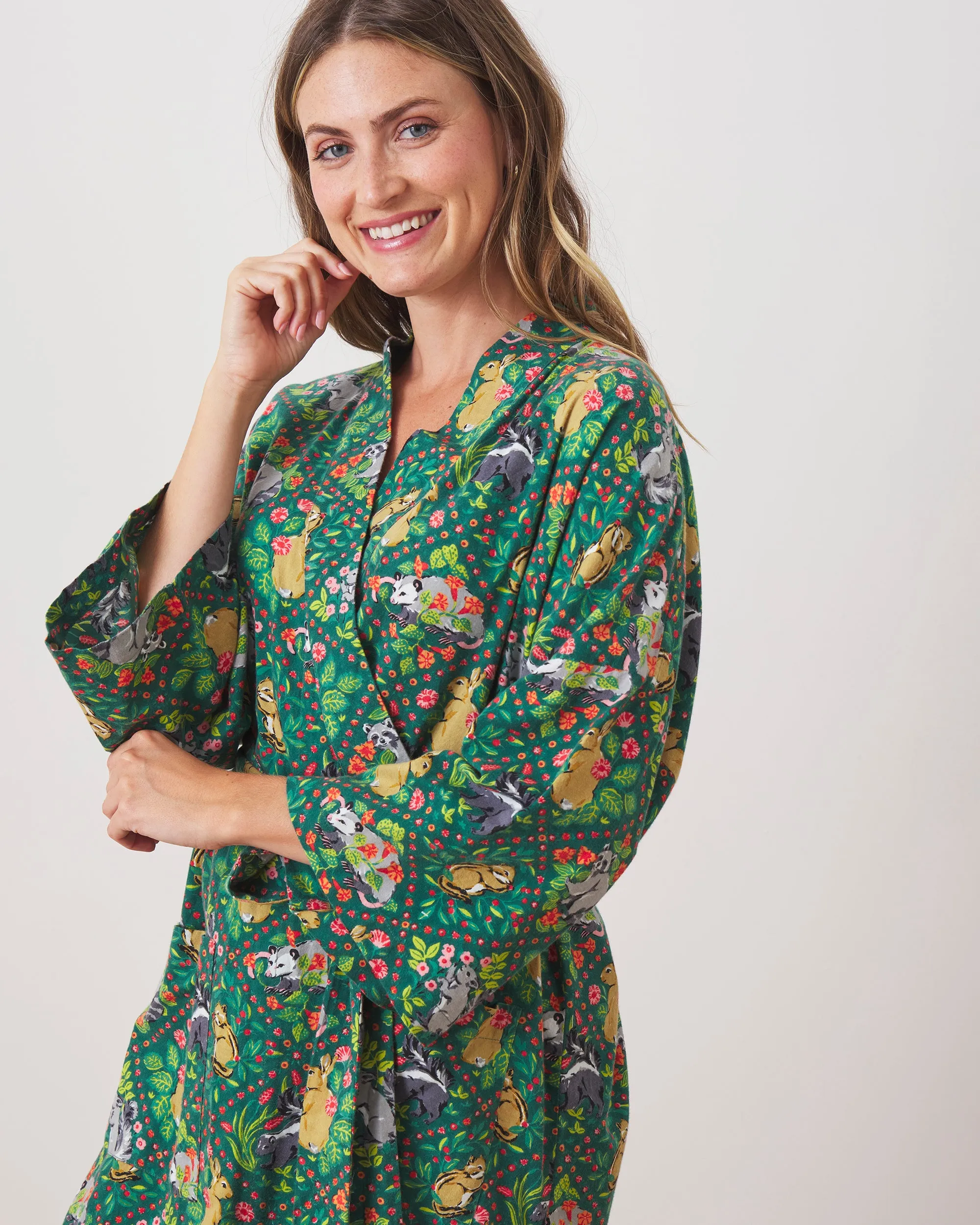 Woodland Critters - Lightweight Flannel Robe - Fern