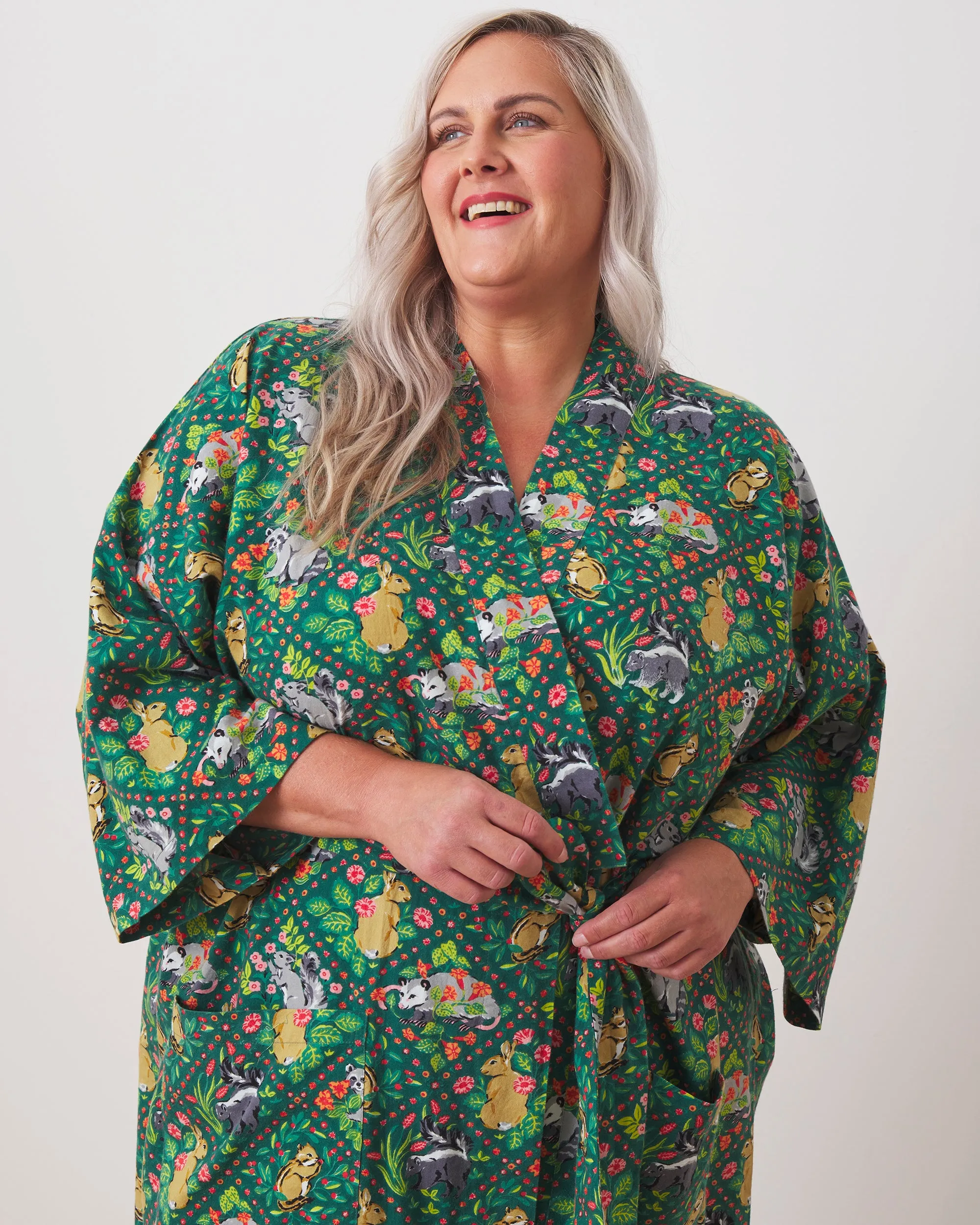 Woodland Critters - Lightweight Flannel Robe - Fern